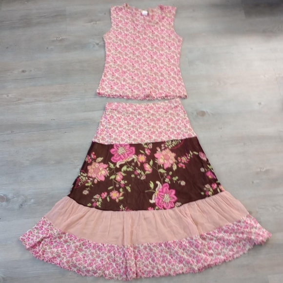 Petit Pois Dresses & Skirts - Y2K Petit Pois Pink Brown Floral Sheer Micromesh Camisole Patchwork Skirt Set
